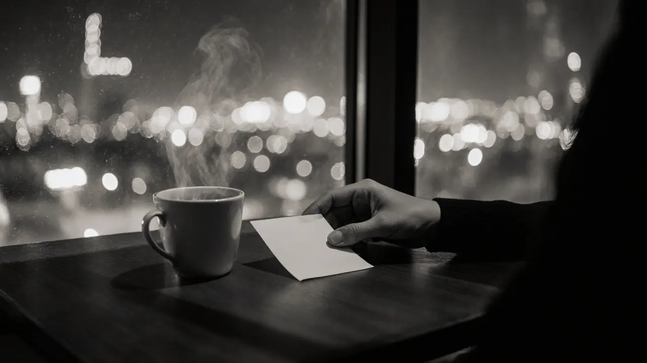 A handwritten note beside a cup of coffee in a Dubai café, symbolizing silent understanding and human connection.