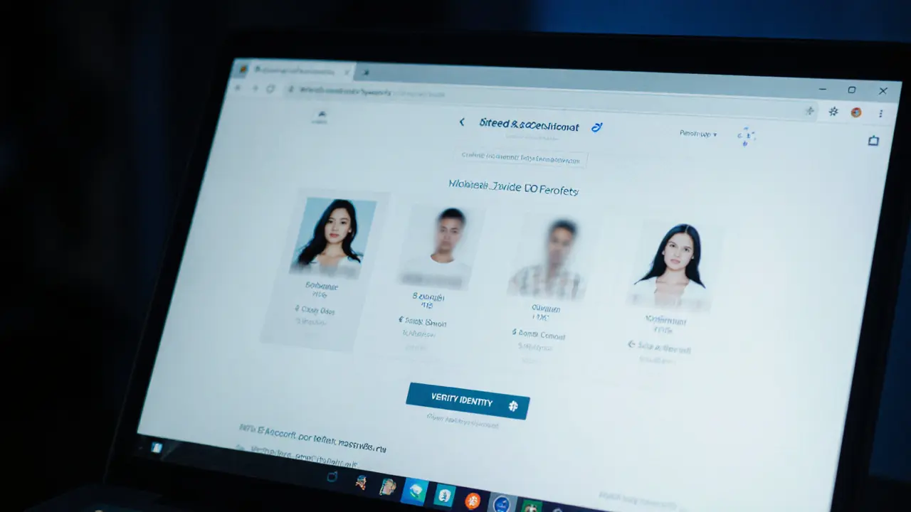A laptop screen displaying a secure, private escort agency portal with blurred profiles and Bitcoin payment confirmation.