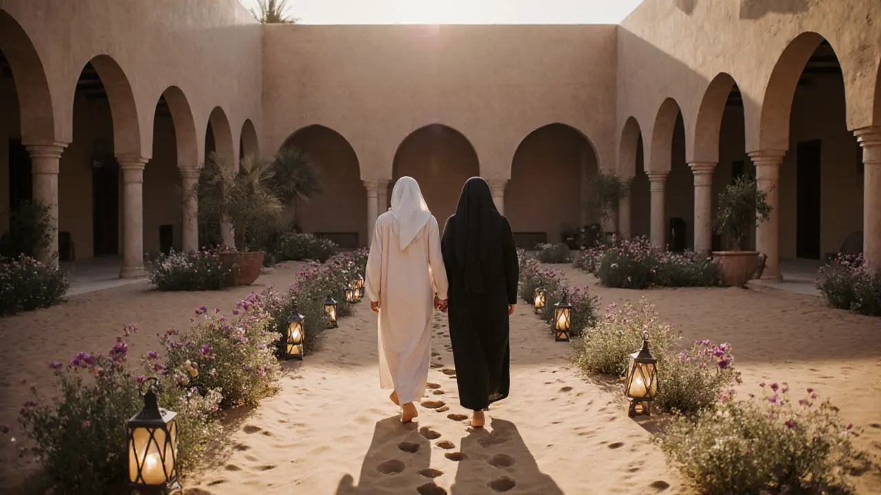 A local Emirati woman and a visitor walking peacefully through a desert courtyard at sunrise.