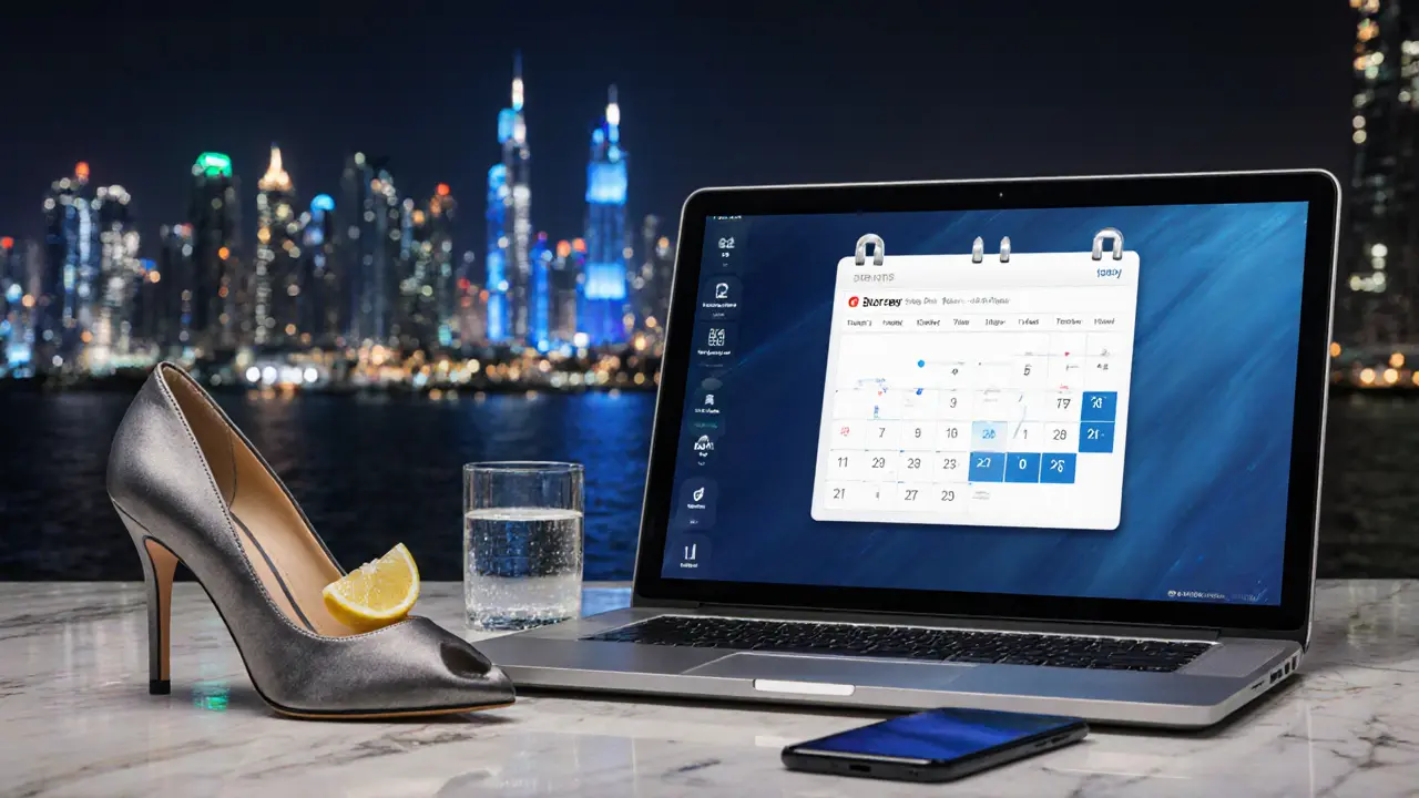 A lone high heel and locked laptop on a marble counter, symbolizing discretion and professionalism in Dubai.