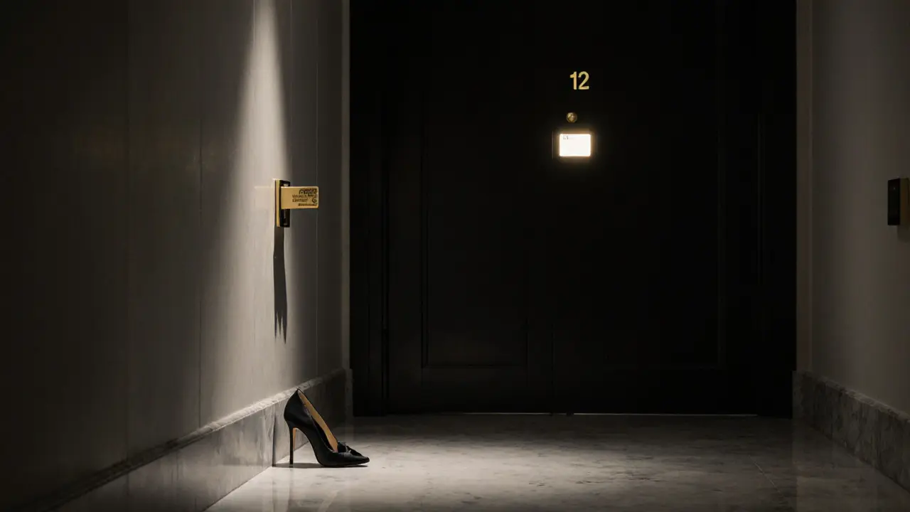 A luxury hotel corridor at night with a glowing keycard and neatly placed shoes, suggesting a discreet encounter.