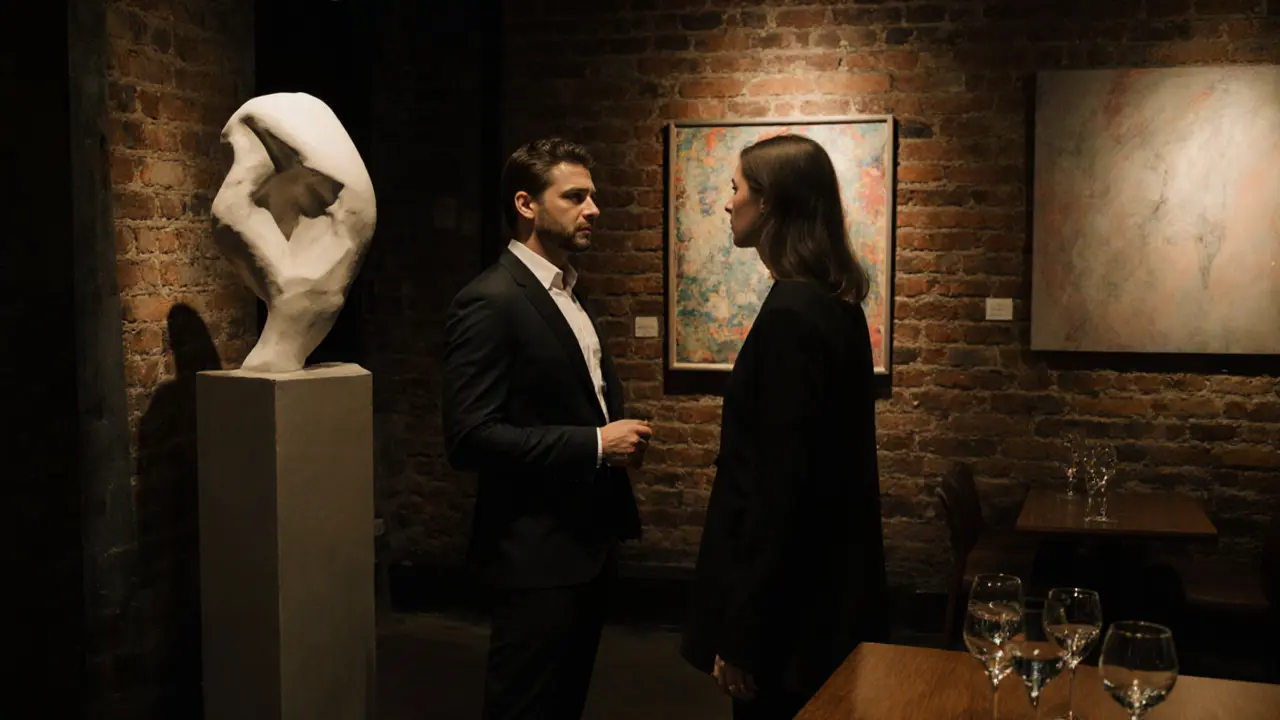 A man and woman discussing art in a modern Dubai gallery lounge under soft lighting.