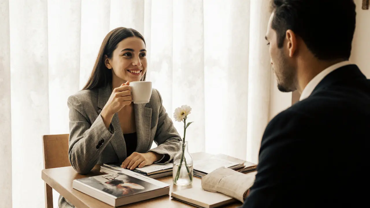 A man and woman in a calm café, talking warmly over coffee with art books on the table.