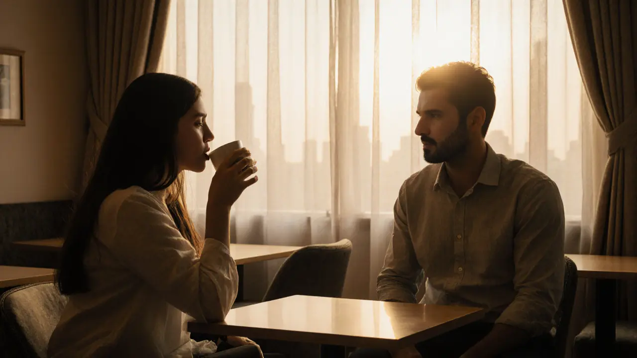 A man and woman share a quiet coffee in a Dubai café during golden hour.
