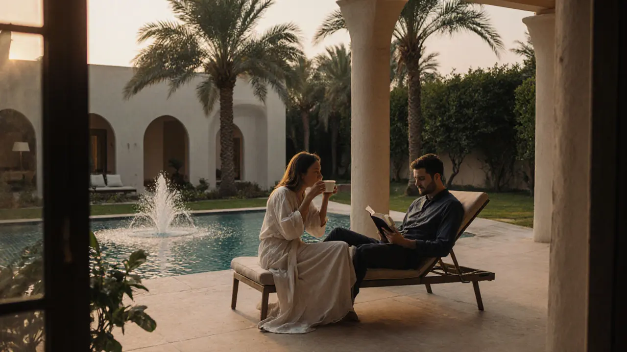 A man and woman sitting in peaceful silence in a private Dubai villa courtyard, sharing a calm morning moment.
