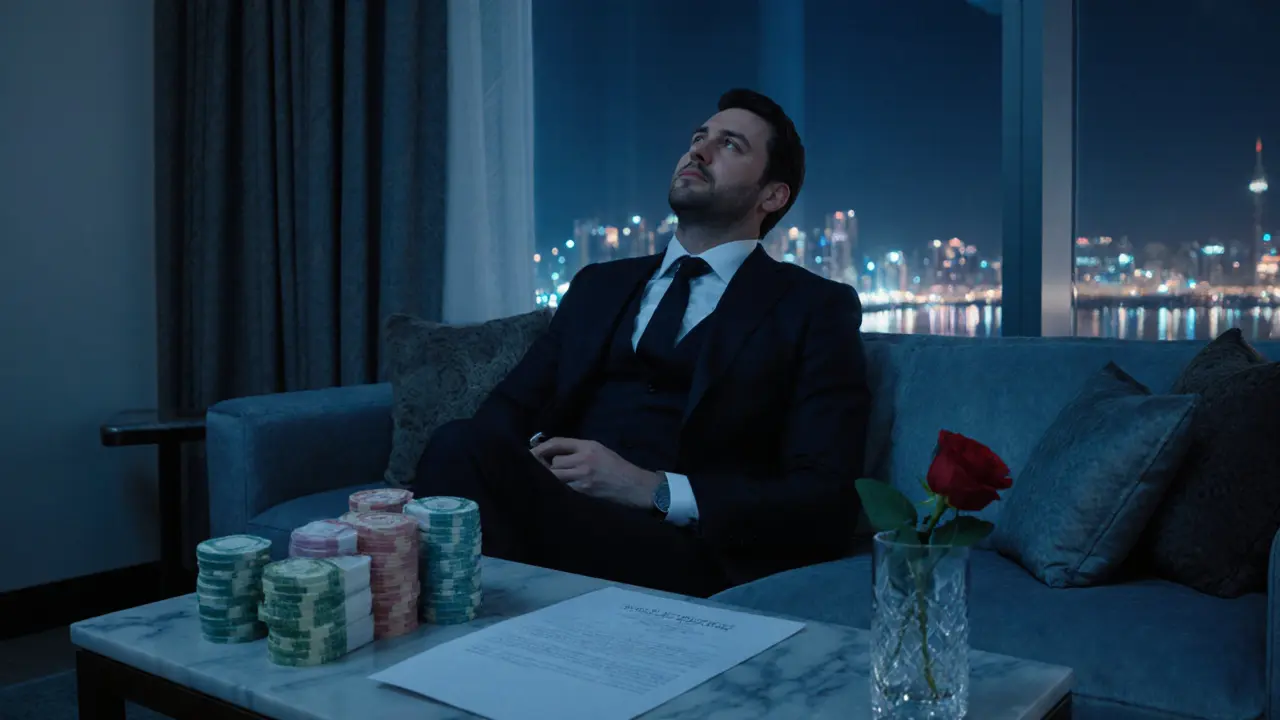 A man sits alone in a high-end hotel suite, cash and a signed agreement on the table beside a single rose.