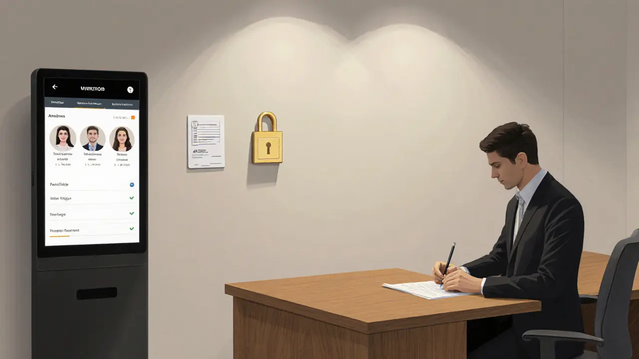 A modern, discreet companionship agency office in Dubai Marina with a client completing a form under soft lighting.