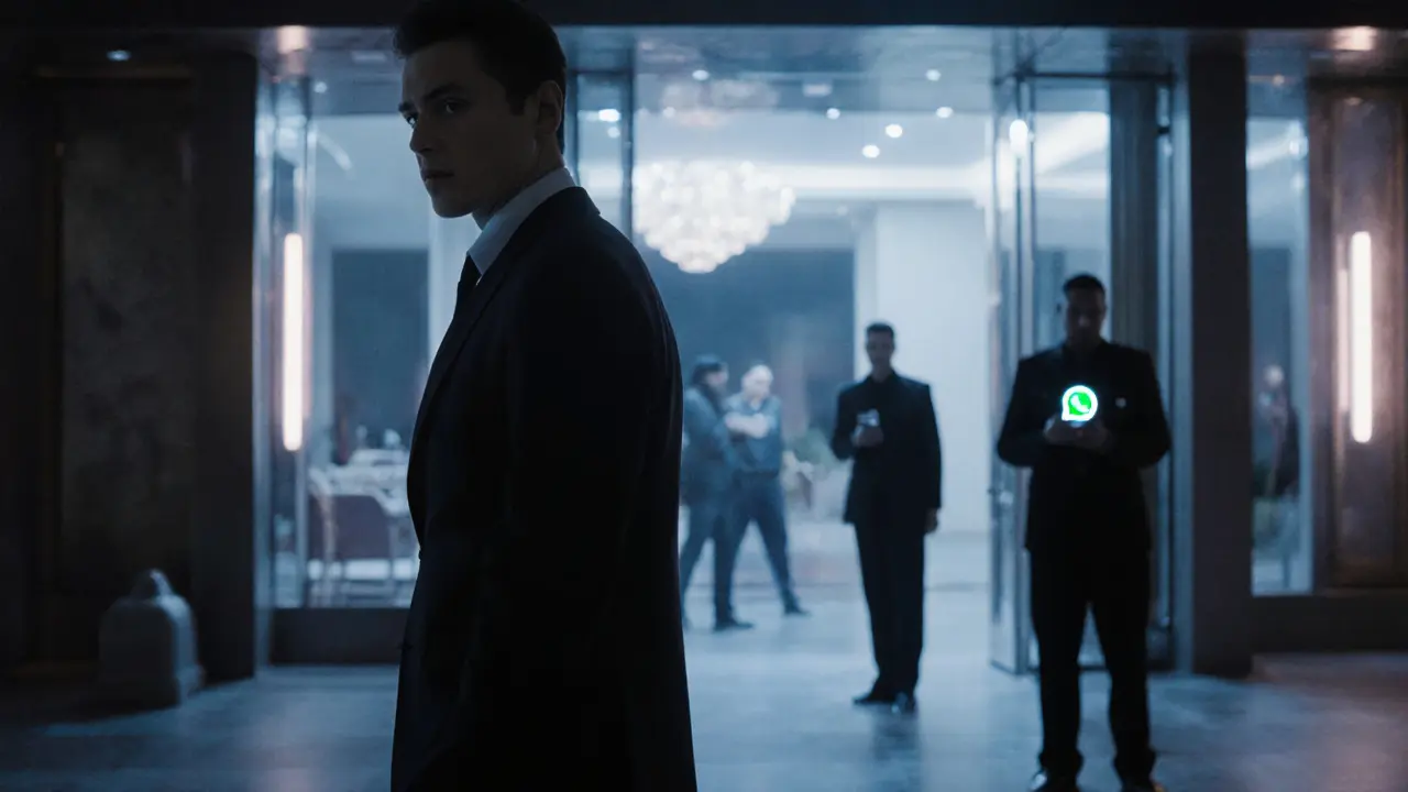 A nervous man outside a luxury Dubai hotel, shadowy figures nearby, security guard watching.