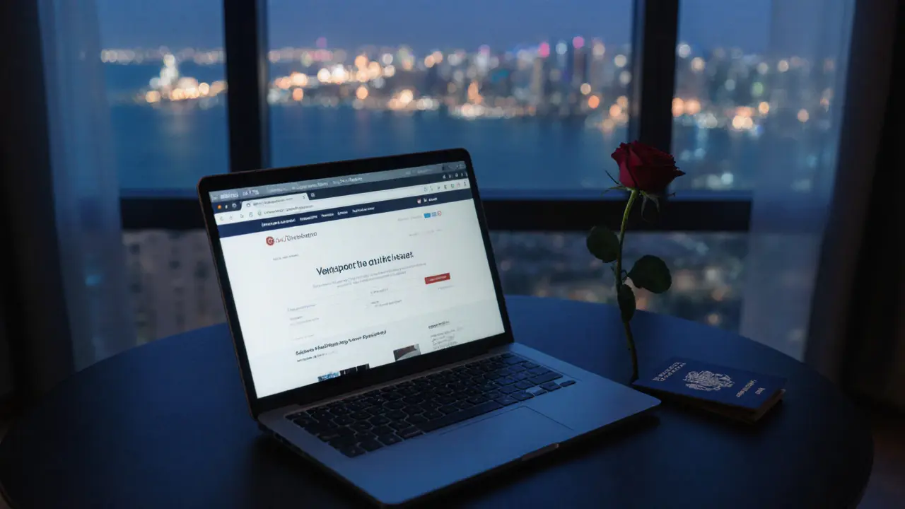 A private apartment in Palm Jumeirah at night, with a laptop and passport on a table, city lights glowing outside.