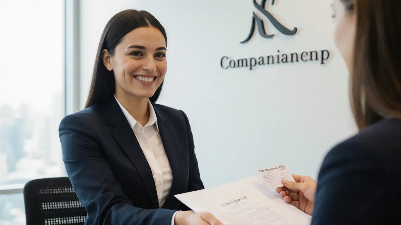 A professional woman handing a contract to a client at a licensed companionship agency in Dubai.