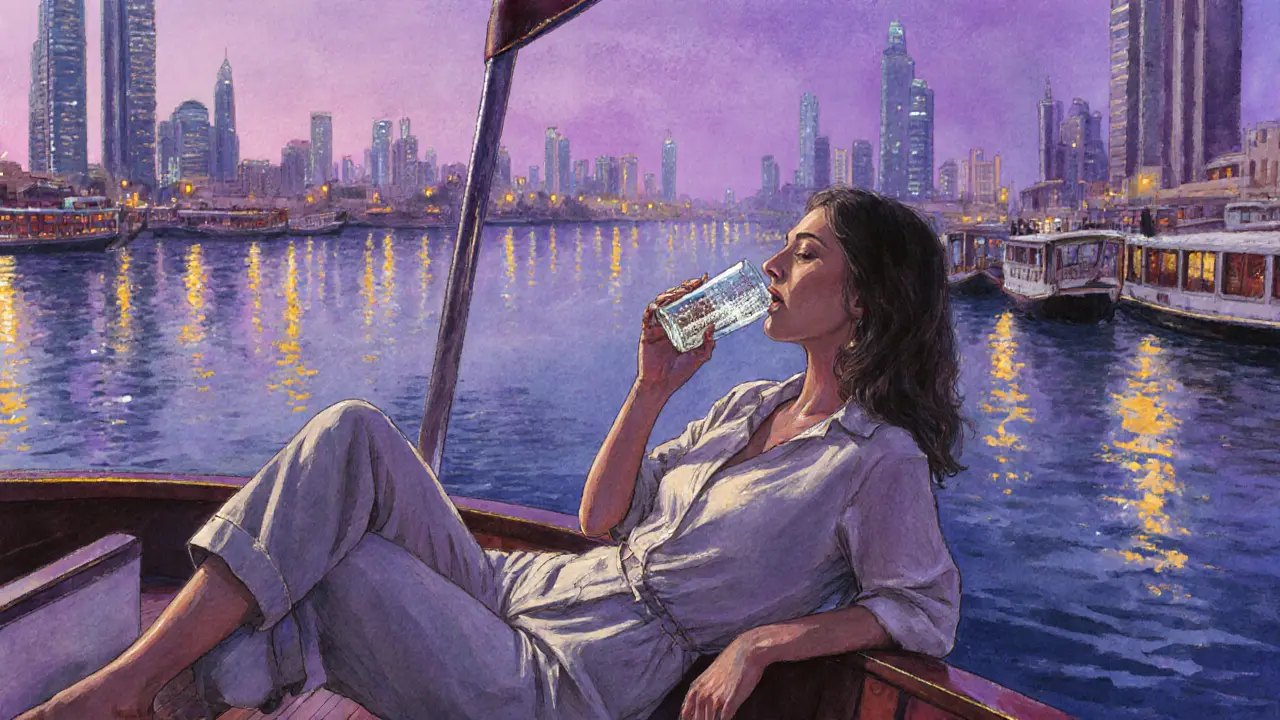 A silhouette of a woman on a dhow cruise along Dubai Creek at dusk, purple sky and calm water reflecting lights.