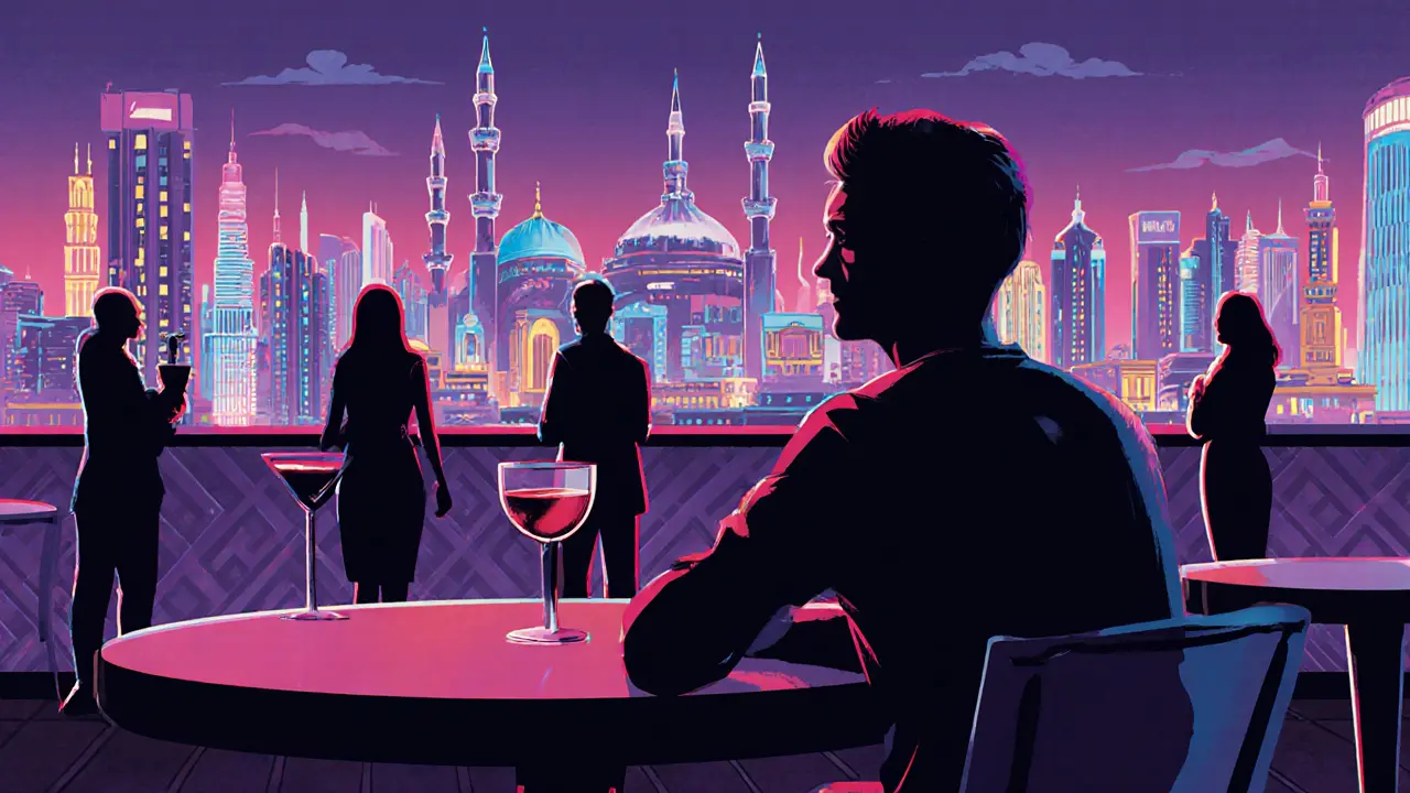A solo traveler at a Dubai rooftop bar, gazing at the city skyline with no romantic companions.