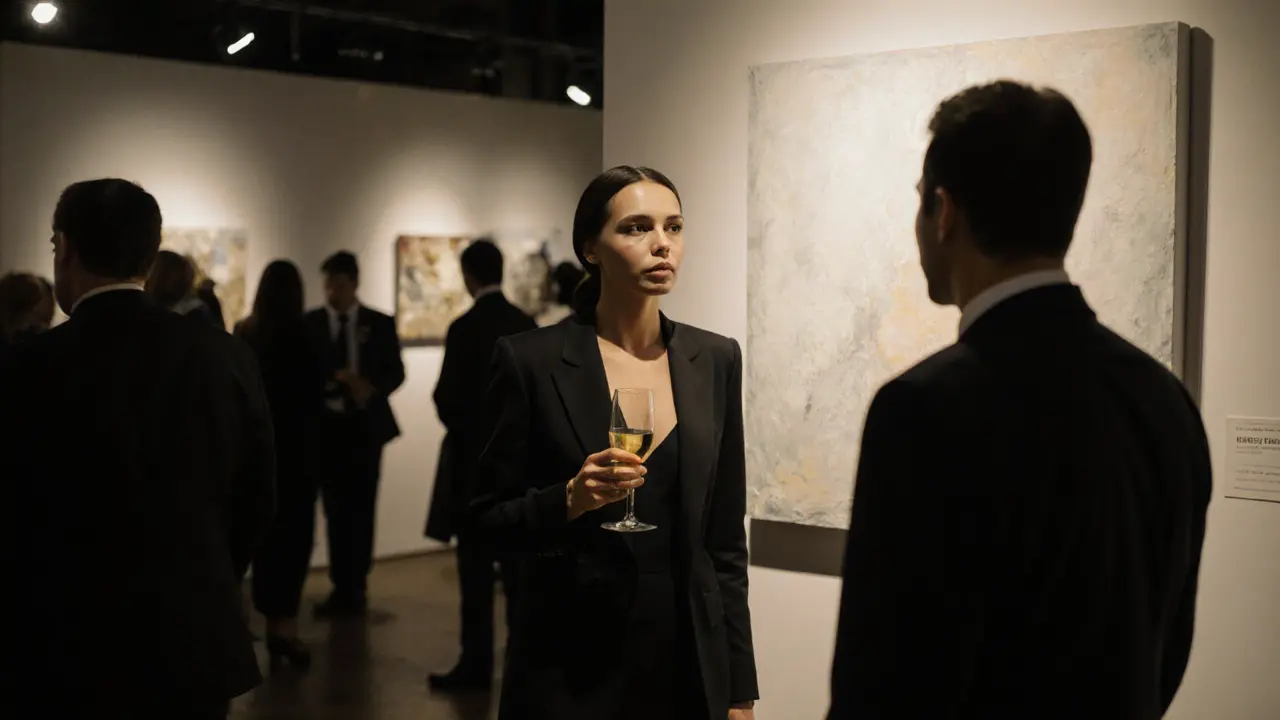 A sophisticated woman at an art gallery opening in Dubai, making silent eye contact with a man.