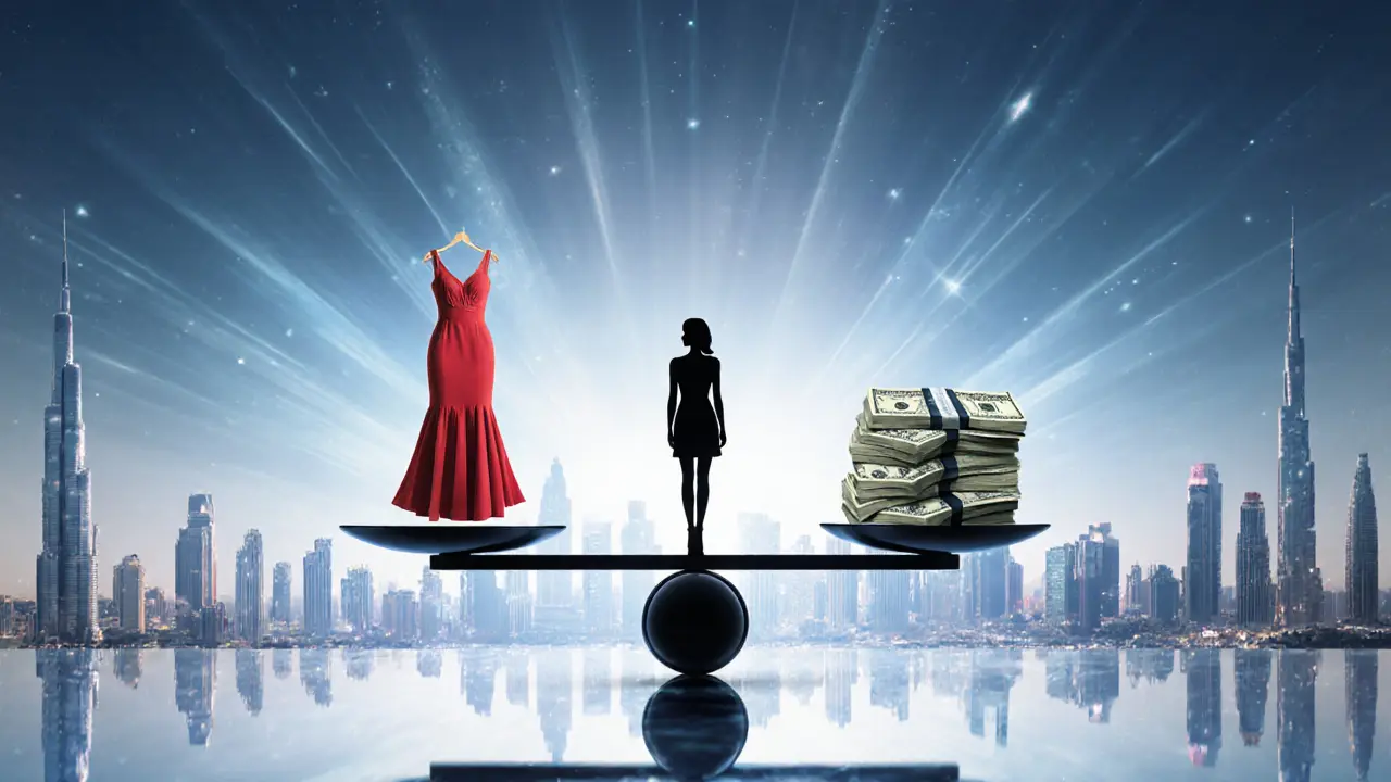 A symbolic scale balancing elegance and income, with a woman standing confidently at center.