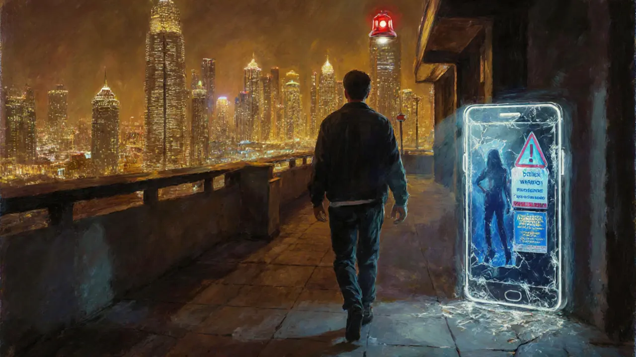 A tourist walking from a rooftop bar as police sirens glow behind him, with flickering escort ads in the alley.