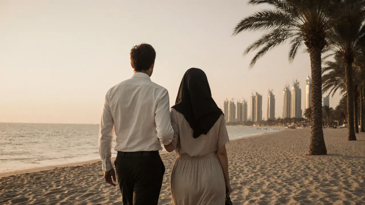 A traveler and local companion walk along Jumeirah Beach at dusk, sharing a peaceful moment.