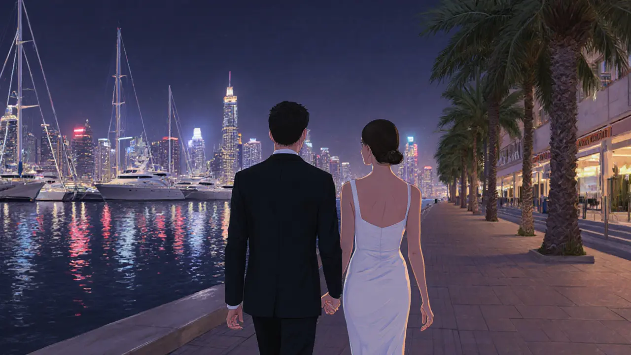 A woman and man walking along Dubai Marina at night, city lights reflecting on the water.