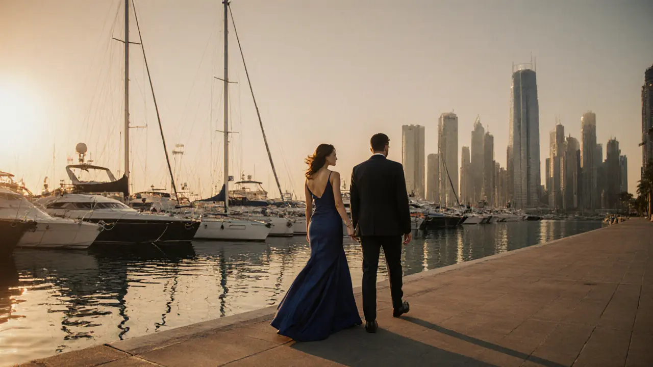 A woman and man walking peacefully along Dubai Marina at sunset, dressed elegantly, maintaining respectful distance.