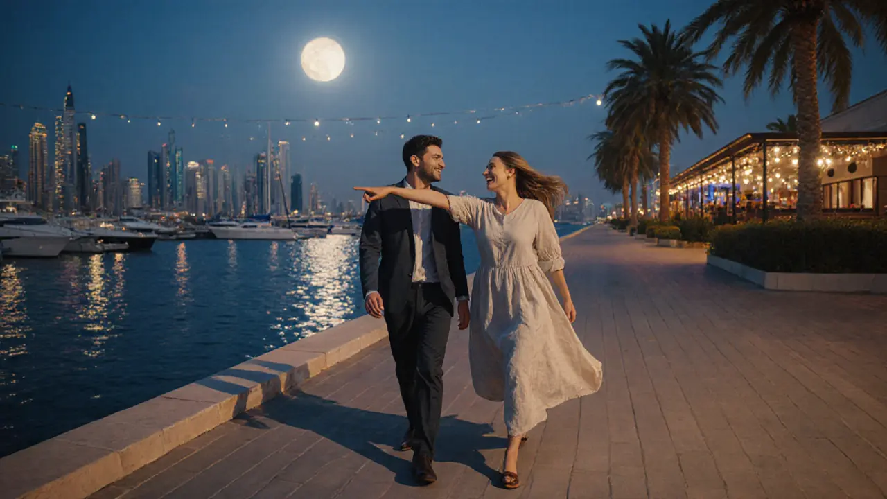 A woman and traveler walk along the Dubai Marina at dusk, enjoying the city lights and calm waterfront breeze.