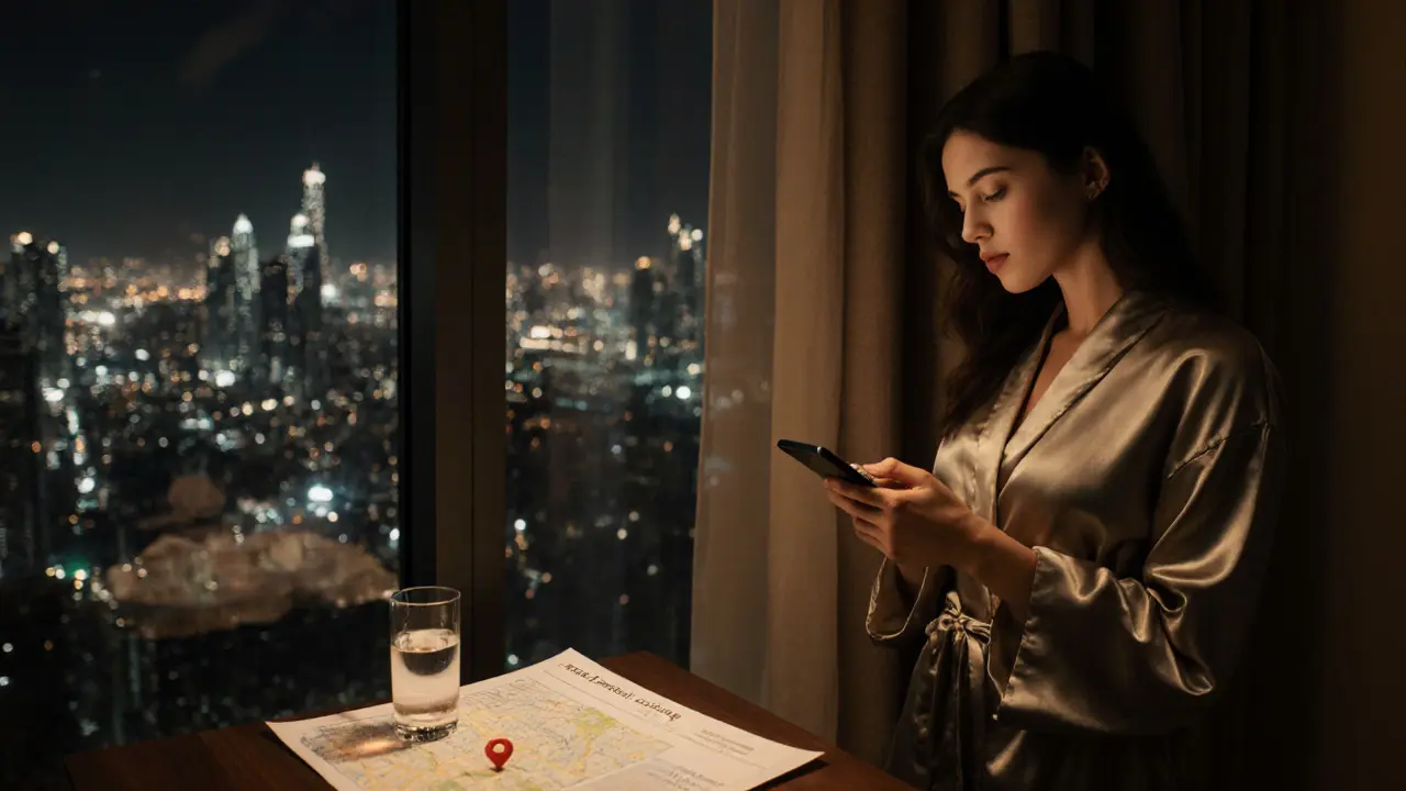 A woman in a robe checking her phone in a private Dubai apartment, calm and alert, with bank transfer visible.