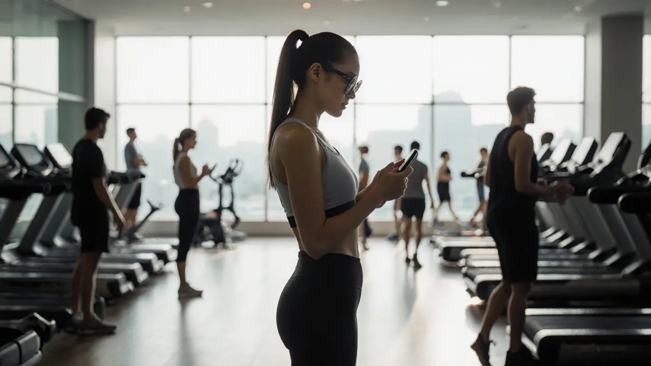 A woman in gym attire standing at the back of a busy gym, wearing sunglasses, blending into the crowd.