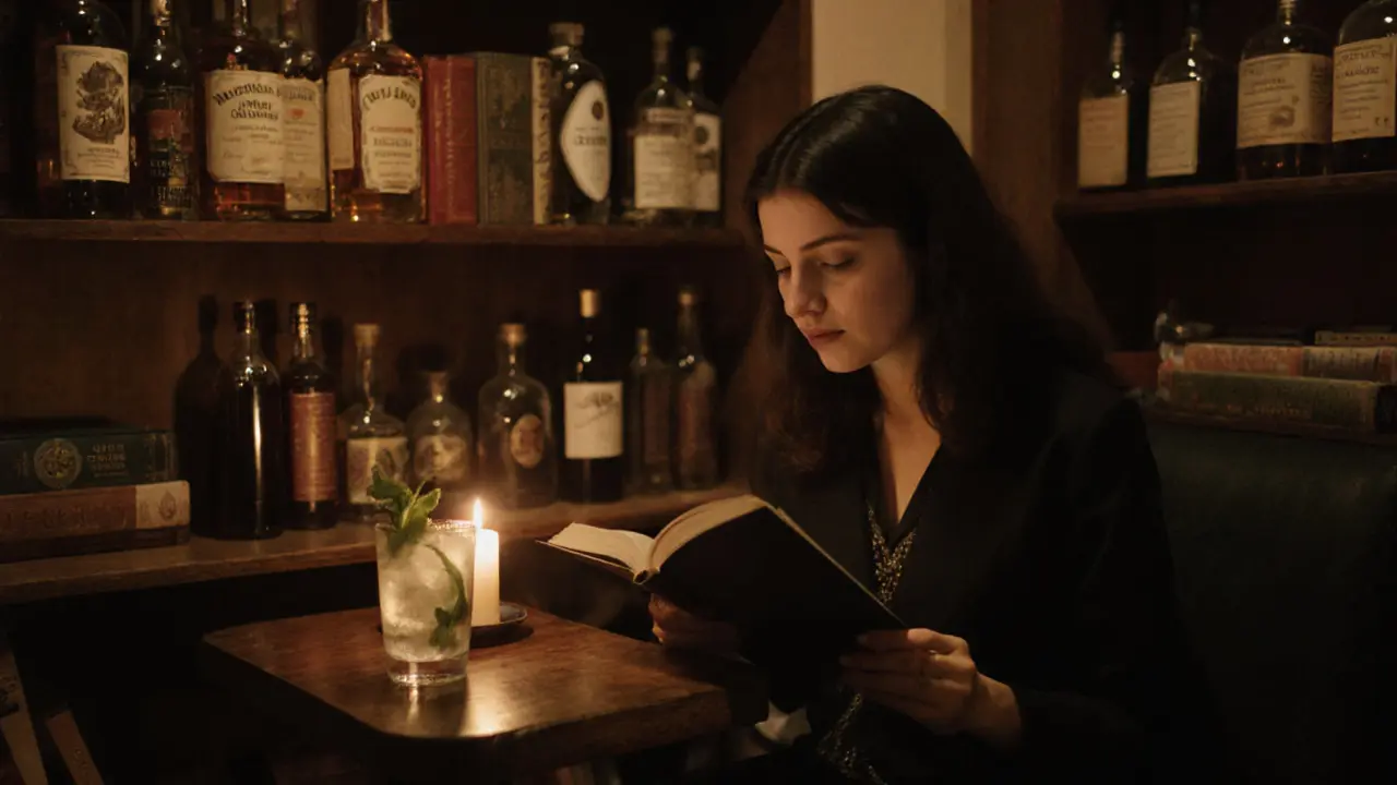 A woman reading quietly in a warm, candlelit Lebanese bar with wooden shelves.