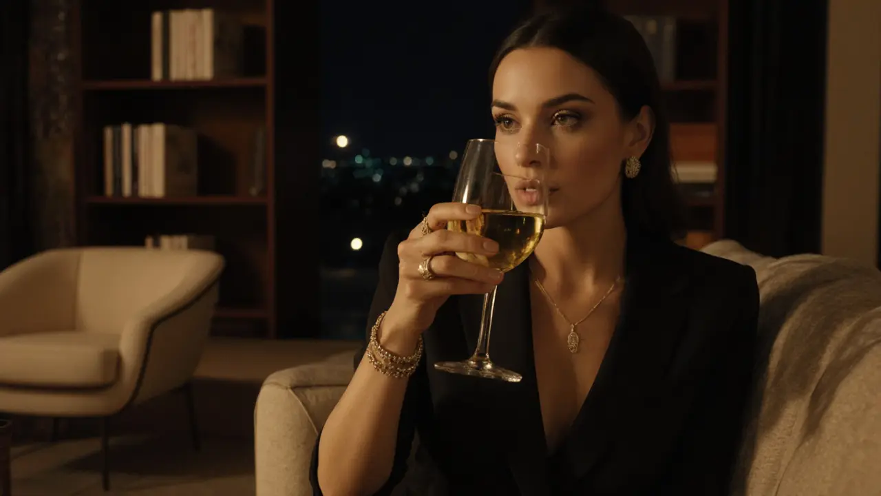 A woman sitting calmly in a luxurious Dubai villa, sipping wine in soft evening light.