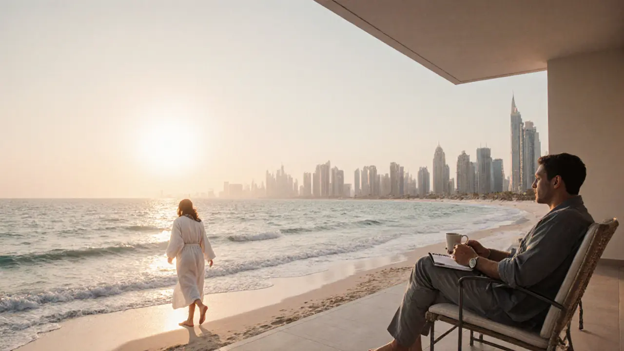 A woman walking alone on a quiet beach at sunrise near a Palm Jumeirah villa.