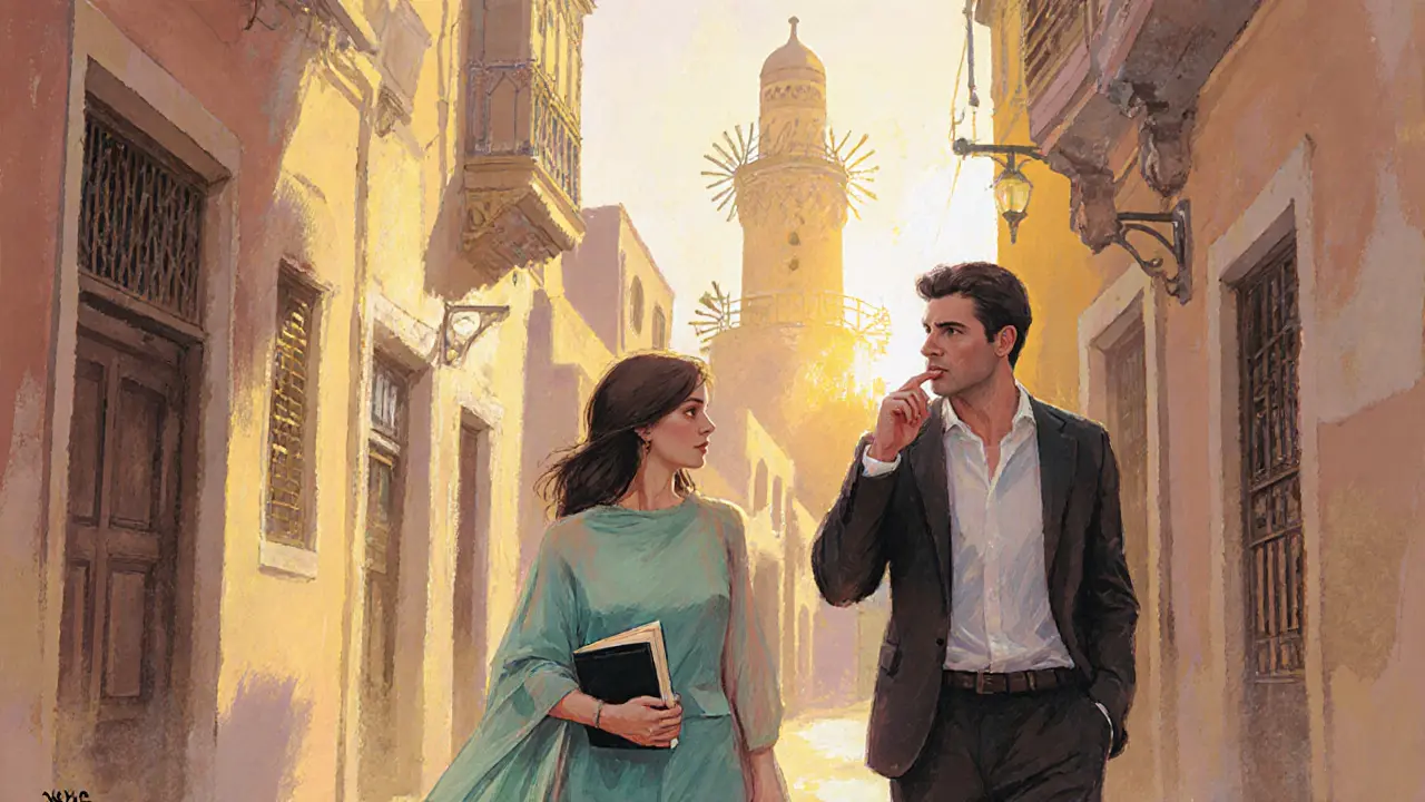 A woman walks through Al Fahidi Historic District with a client, engaged in thoughtful conversation amid traditional architecture.