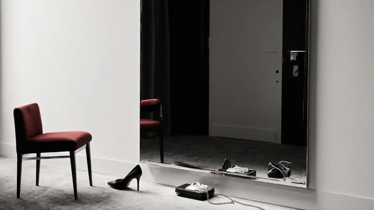 An empty chair and a closed door reflected in a mirror, with a high heel and locked phone case on the floor.