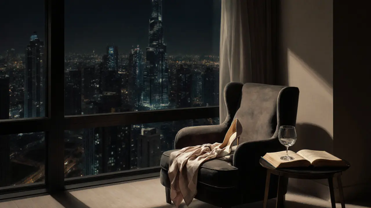 An empty luxury hotel room at night, hinting at a meaningful encounter through subtle details.