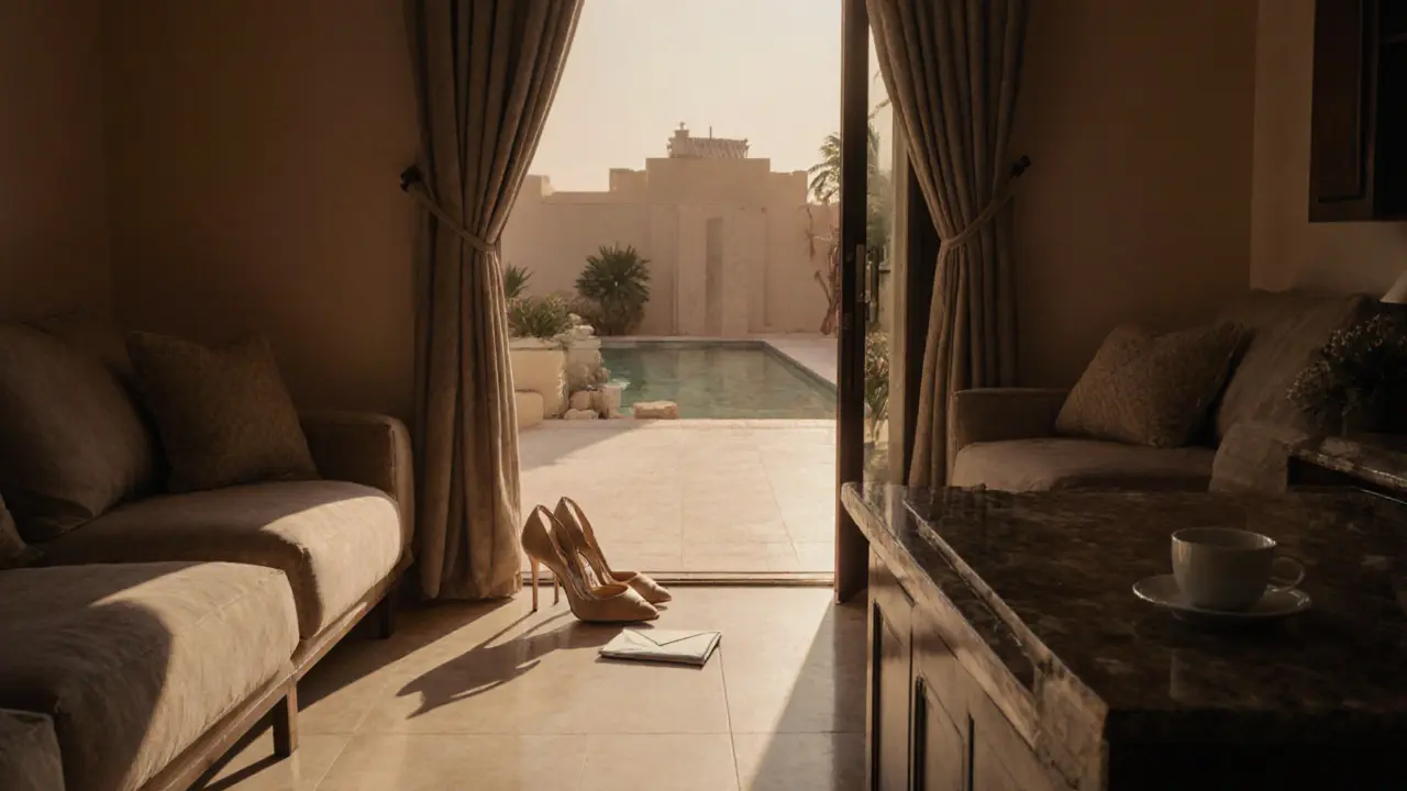An empty luxury villa at dawn with designer heels and an envelope of cash left on the counter.