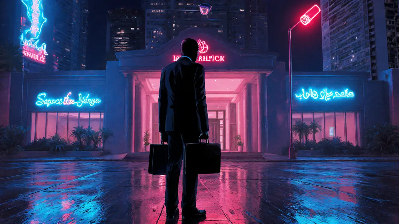 Anonymous figure nervously standing outside a luxury Dubai hotel at night under surveillance.