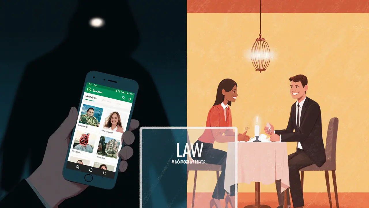 Contrasting images of illegal online scams versus legal social companionship in Dubai.