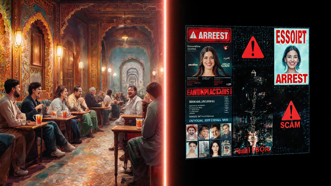 Contrasting scene: vibrant shisha lounge on one side, fake online escort ads on the other.