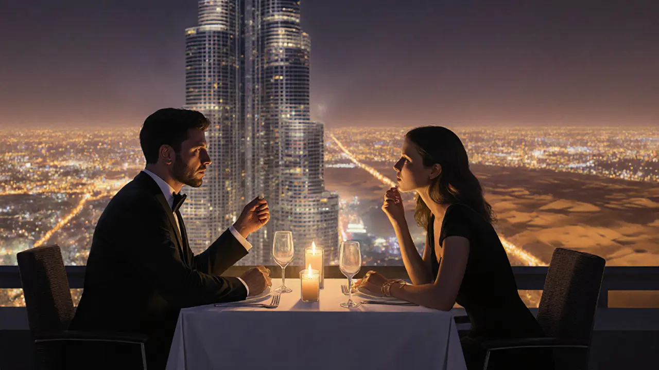 Couple enjoying a quiet rooftop dinner in Dubai with the Burj Khalifa glowing in the background.