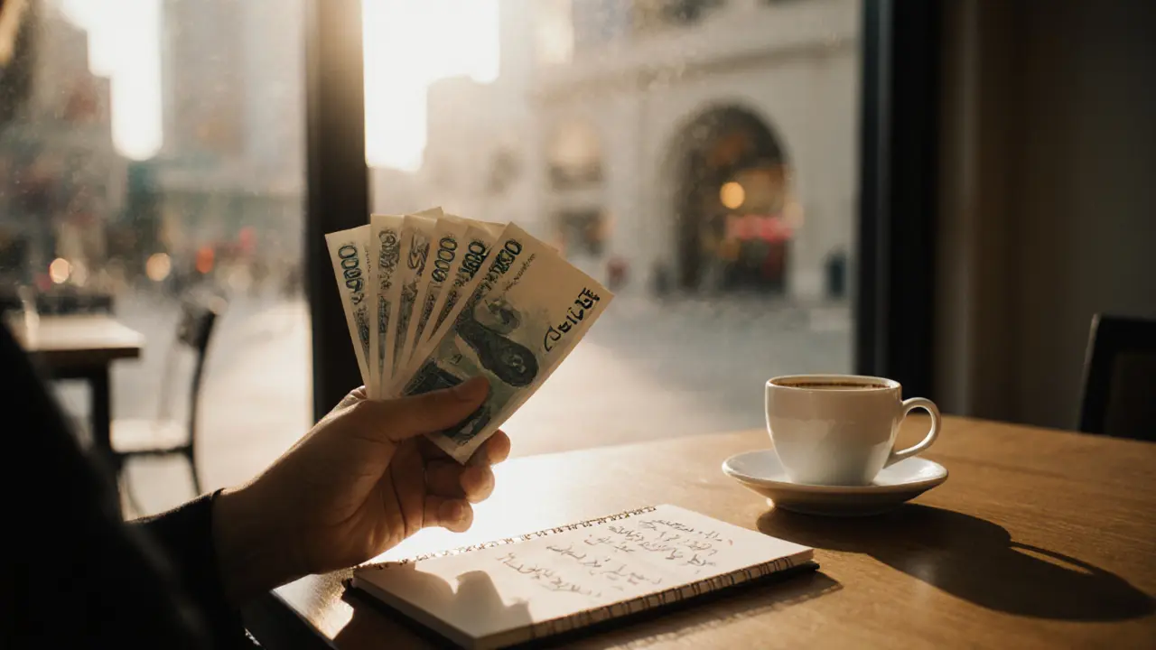 Crisp AED banknotes rest on a café table beside two empty coffee cups and an open notebook with handwritten text.