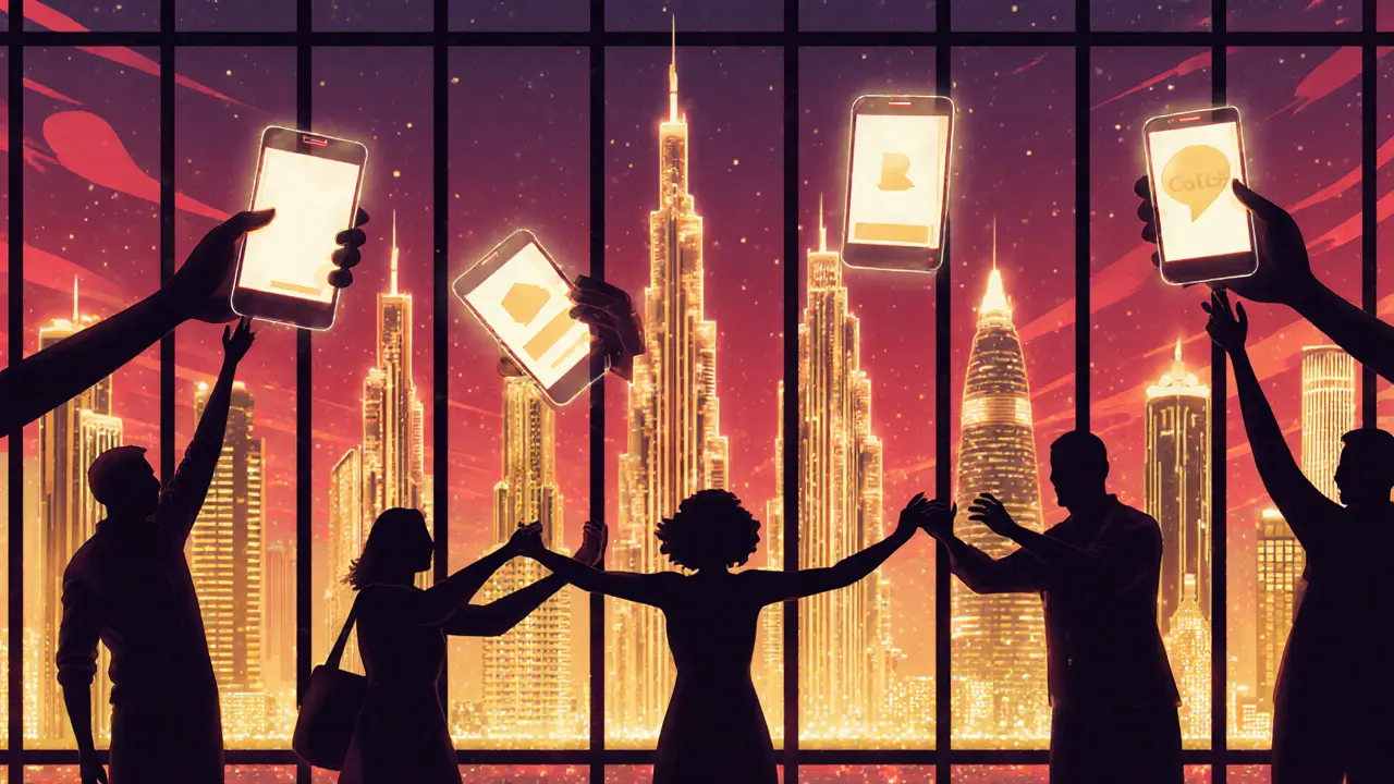 Dubai skyline transforming into prison bars with shadowy tourists being pulled from online ads, symbolizing legal risks.