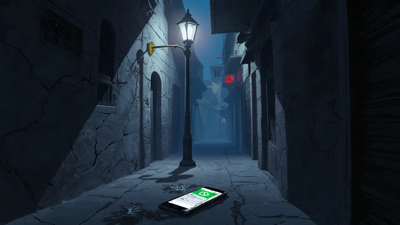 Empty alley behind Gold Souk with a discarded smartphone and hidden CCTV cameras glowing in the dark.