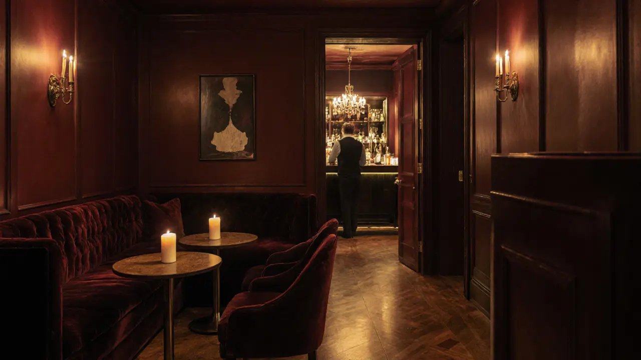 Exclusive members-only lounge with velvet seating and warm ambient light, no signs or staff visible.