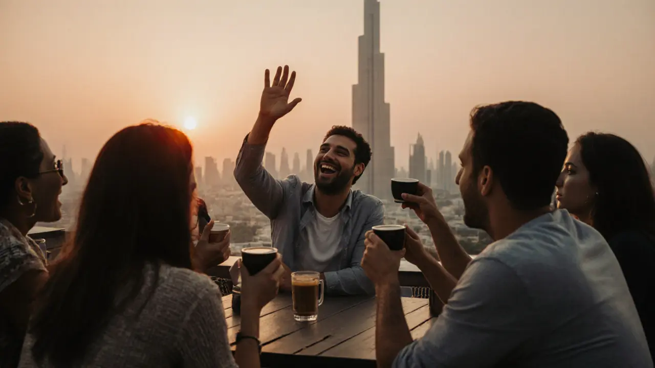 Expats enjoying sunset at a Dubai rooftop café, laughing together with city lights in background.