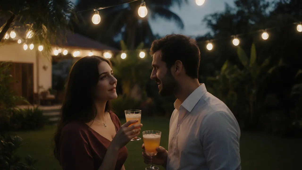 Expats socializing quietly in a garden villa at dusk, sharing drinks under soft string lights.