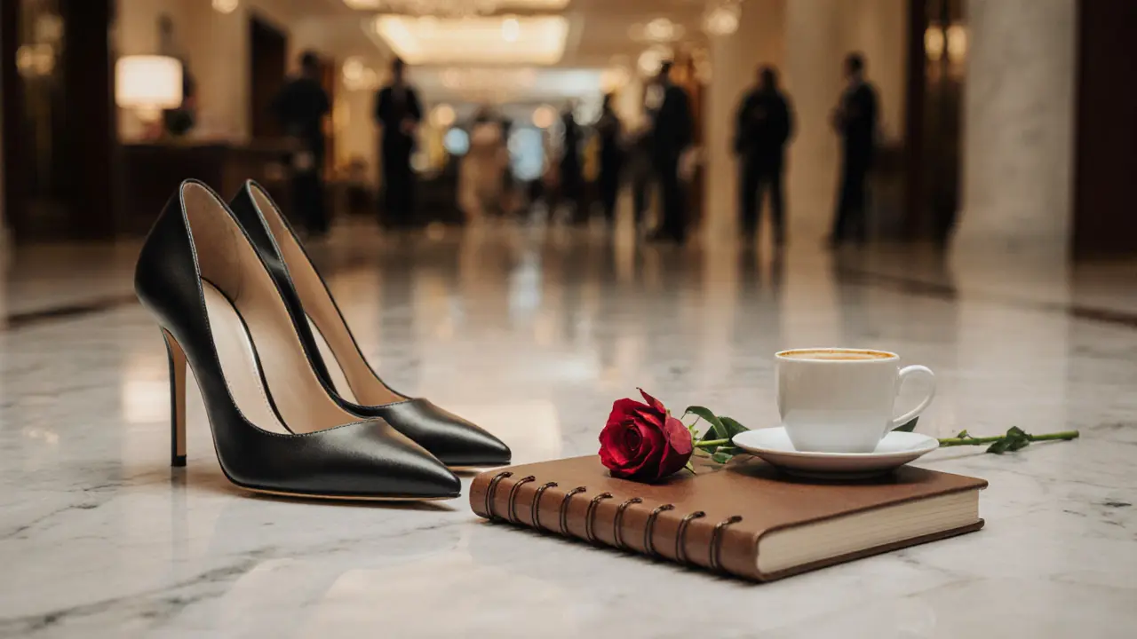 High-heeled shoes and a notebook on a hotel lobby floor with a rose and espresso cup, evoking quiet human connection.