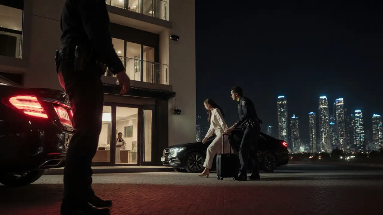 Police conducting a discreet nighttime operation outside a luxury Dubai apartment building.