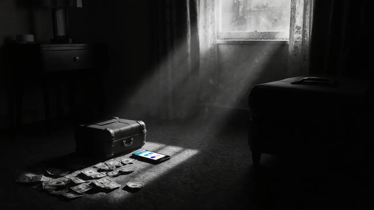 Police lights illuminating a hotel room with cash and phone, suitcase on floor, no people.