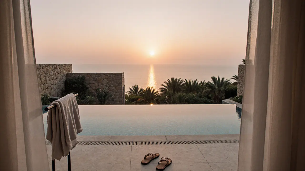 Private villa with infinity pool at sunset, surrounded by walls and greenery, evoking seclusion and peace.