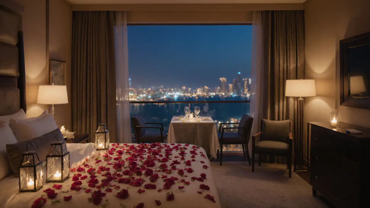 Romantic hotel suite with rose petals, lanterns, and a terrace dinner overlooking Dubai&#039;s skyline.