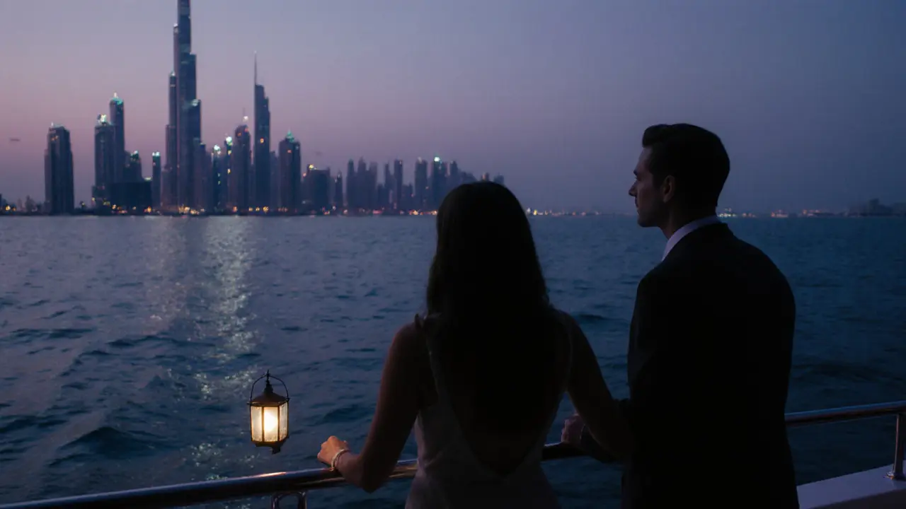 Silhouettes of two individuals on a private yacht at dusk, overlooking Dubai’s skyline, hands nearly touching.