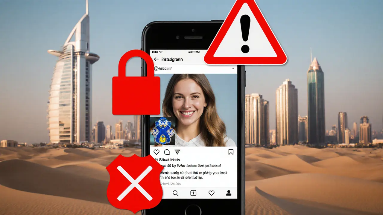 Smartphone screen with fake escort ad overlaid with red warning symbols against Dubai skyline.