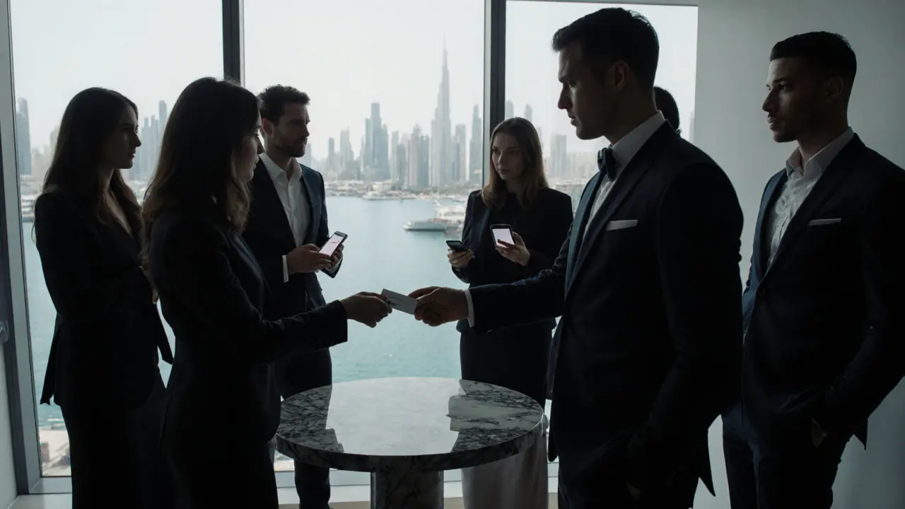 Sophisticated expats exchanging a business card at a private networking event in Dubai Marina.